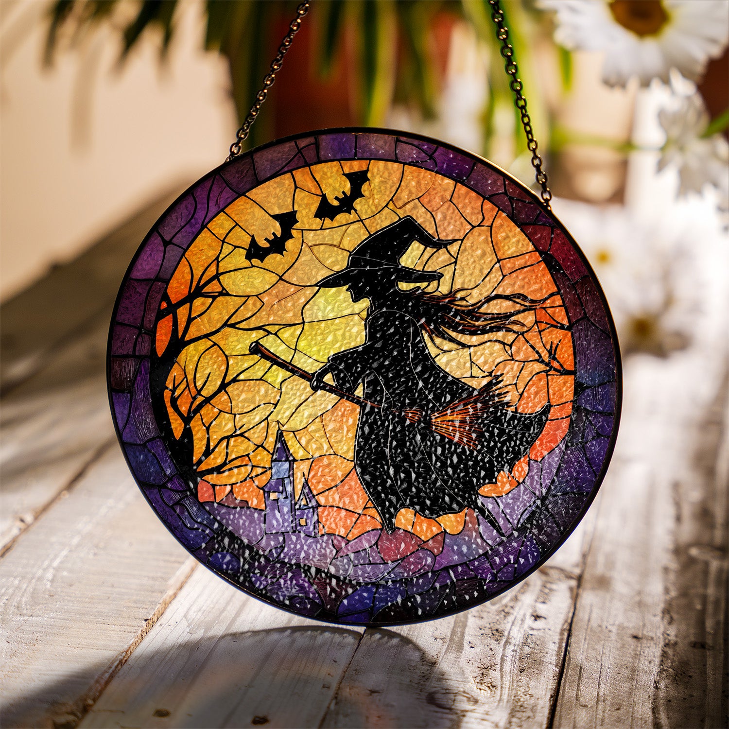 Halloween Stained Glass Suncatcher Collection | Decorative Window Hanging | Multiple Sizes | Holiday Decor Accents | Broomstick Witch