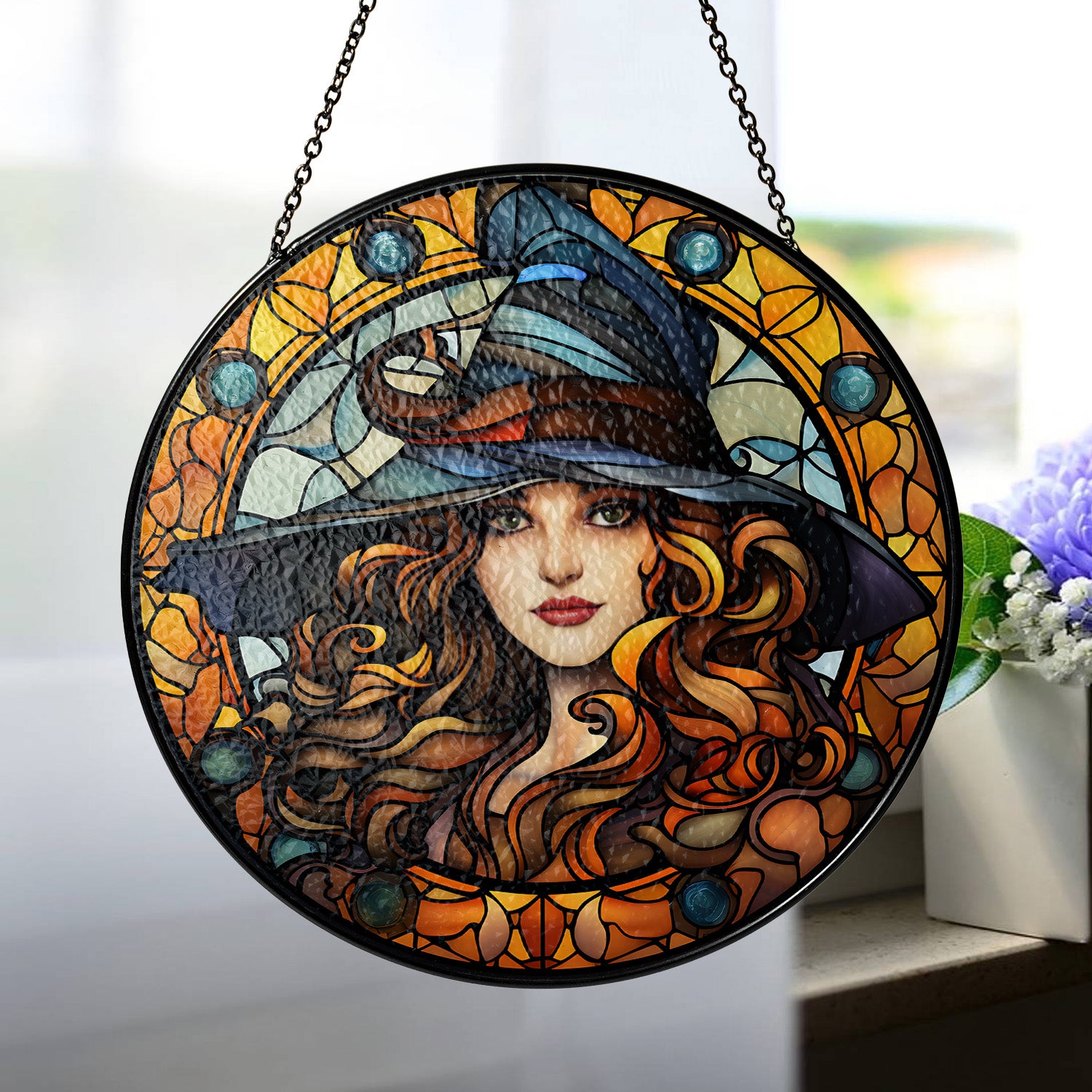 Halloween Stained Glass Suncatcher Collection | Decorative Window Hanging | Multiple Sizes | Holiday Decor Accents | Witch Beauty