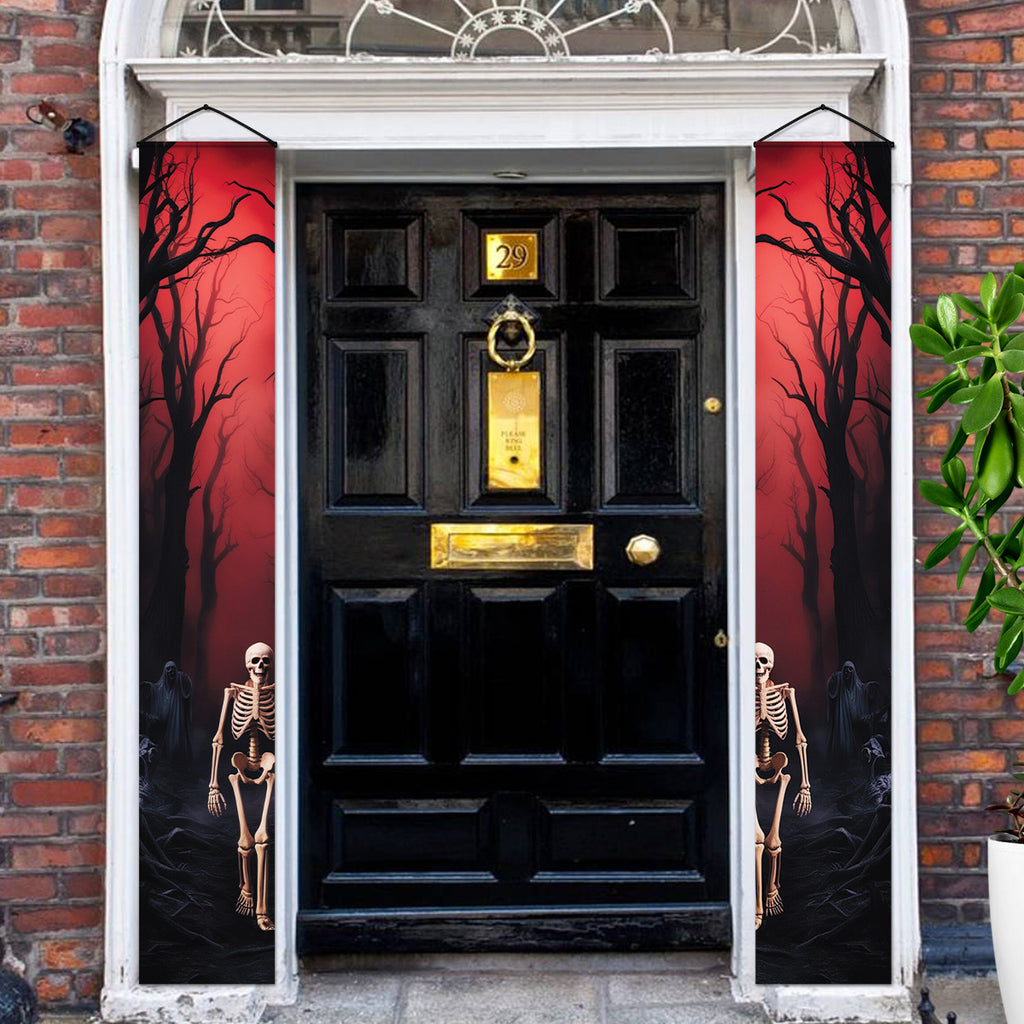 Skeletons in Crimson Woods Halloween door banners with red haunted forest