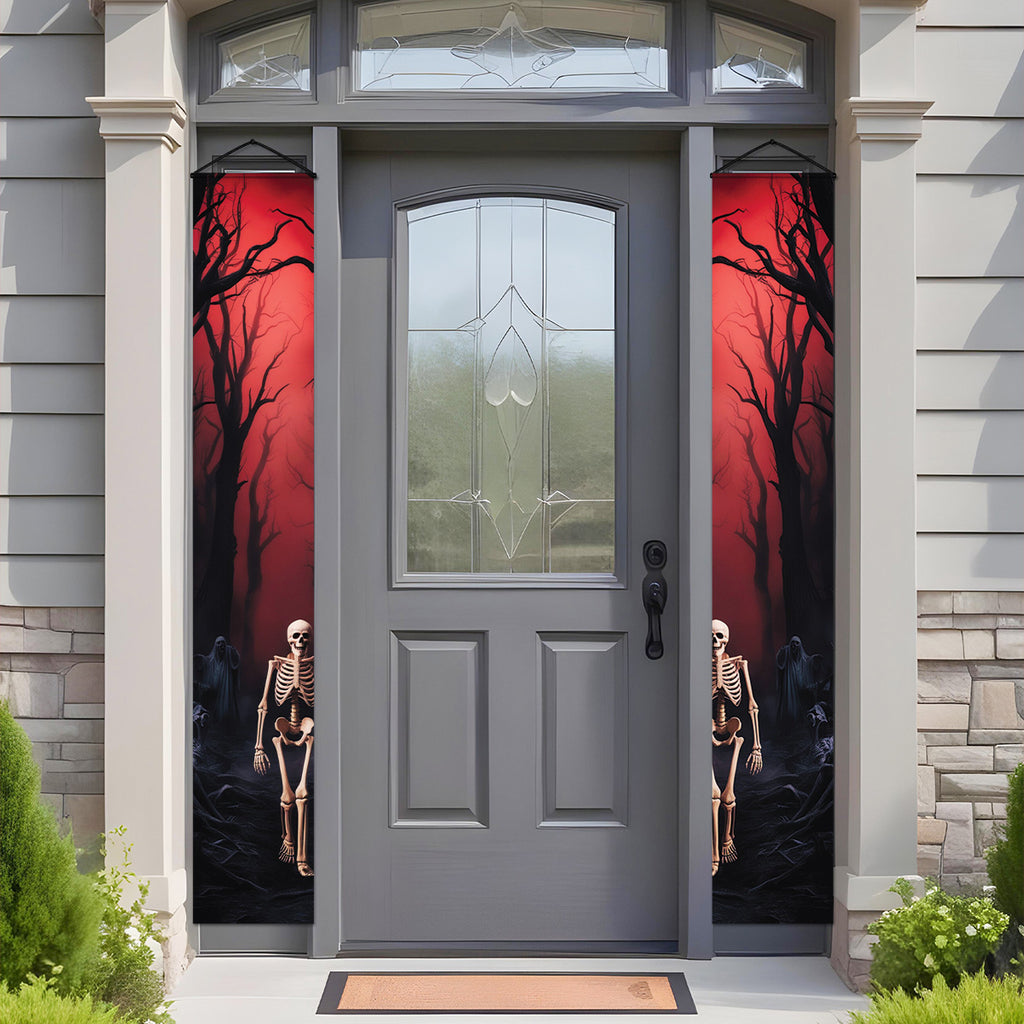 Skeleton Halloween door banners displayed beside a front door