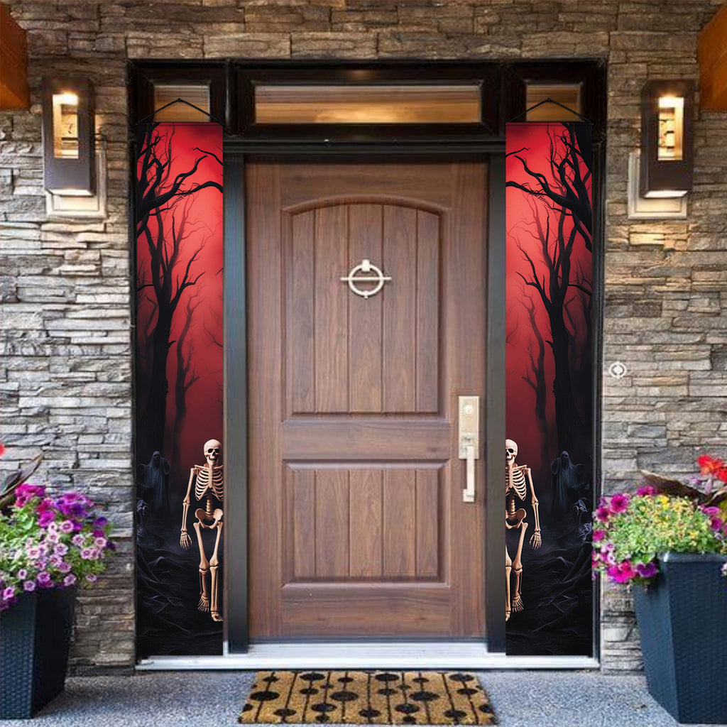 Set of two Crimson Woods skeleton Halloween door banners