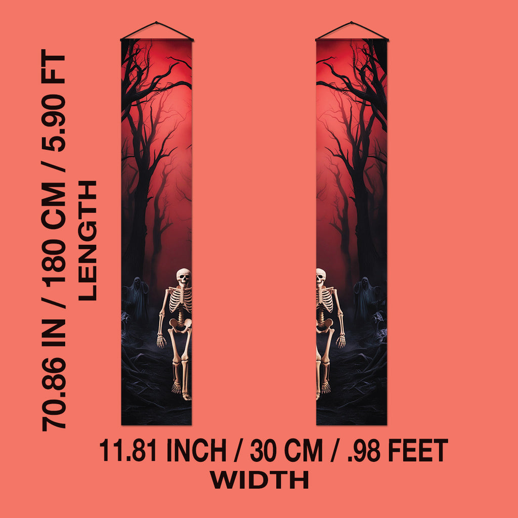 Crimson Woods skeleton Halloween door banner size and hanging details