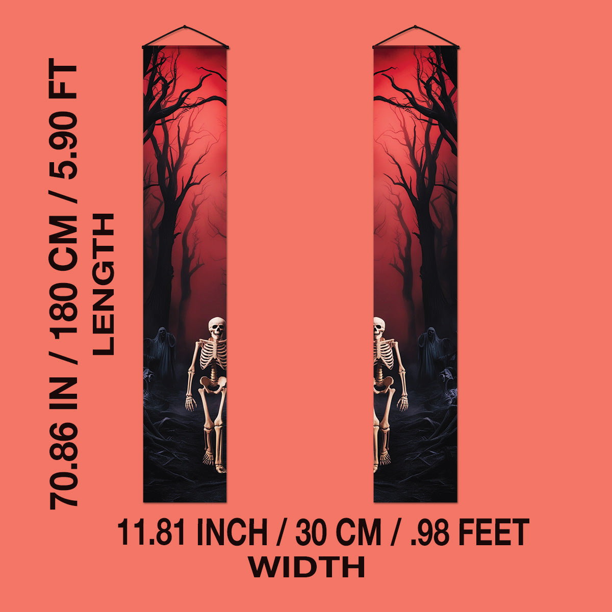 Crimson Woods skeleton Halloween door banner size and hanging details