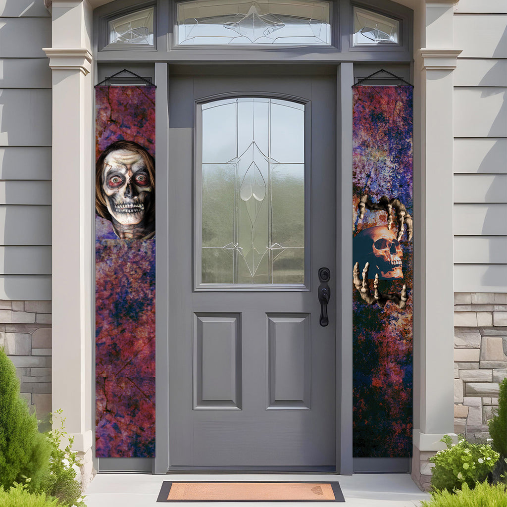 Sinister Skulls Halloween door banners with scary skeleton artwork