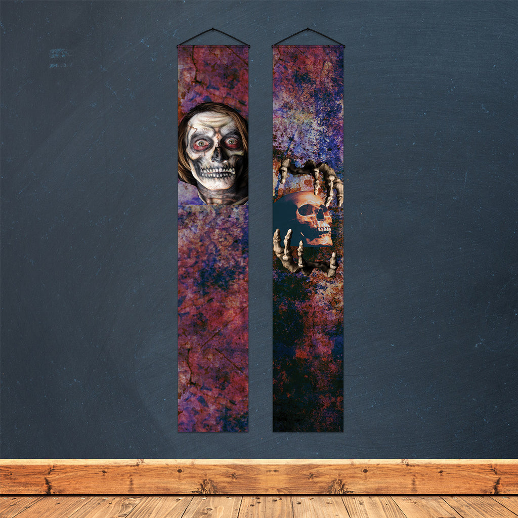 Scary skeletal face on Sinister Skulls Halloween door banner