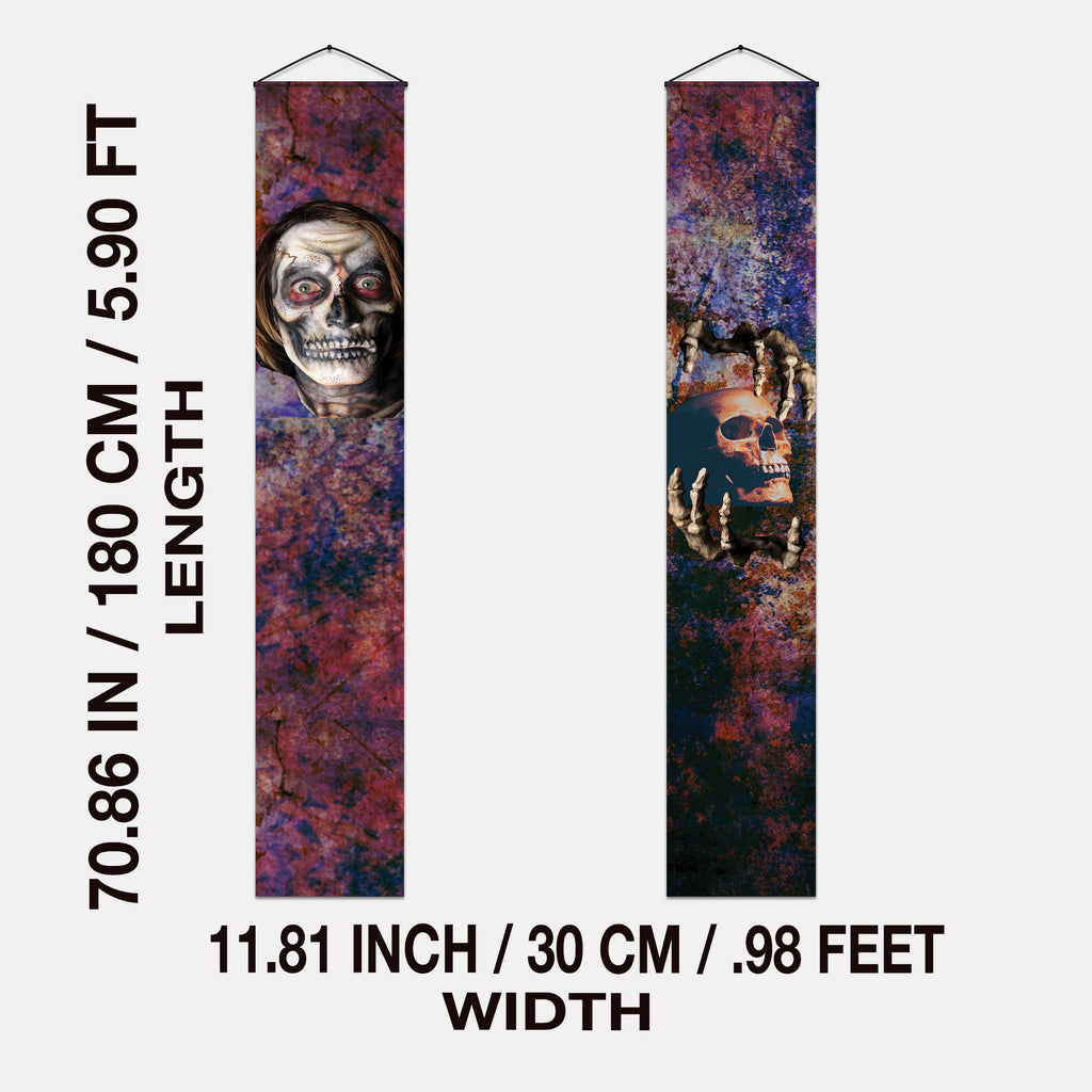Sinister Skulls Halloween door banner size and hanging details