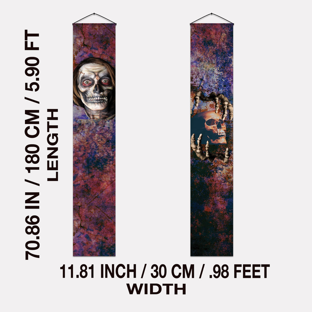 Sinister Skulls Halloween door banner size and hanging details