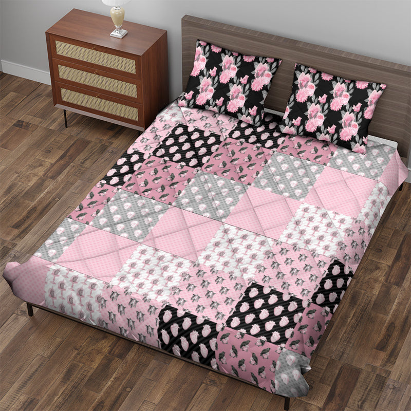 Quilted Bedding Set | Goth Pink Colorful Comforters | Bright Cute Halloween Bedspreads with matching Pillowcase