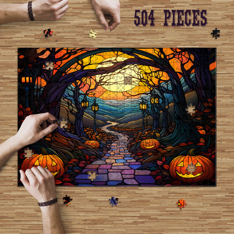 Rectangle Puzzles for All Ages – High-Quality, Durable, and Fun Jigsaw with Precision Laser-Cut Pieces | Stained Glass Art - Halloween Night