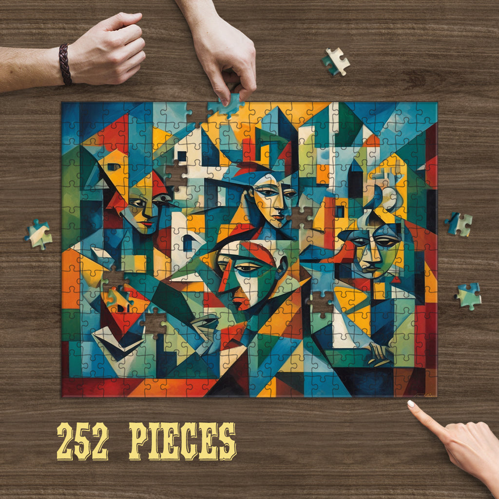 Hands assembling the 252-piece Abstract Portrait wooden jigsaw puzzle