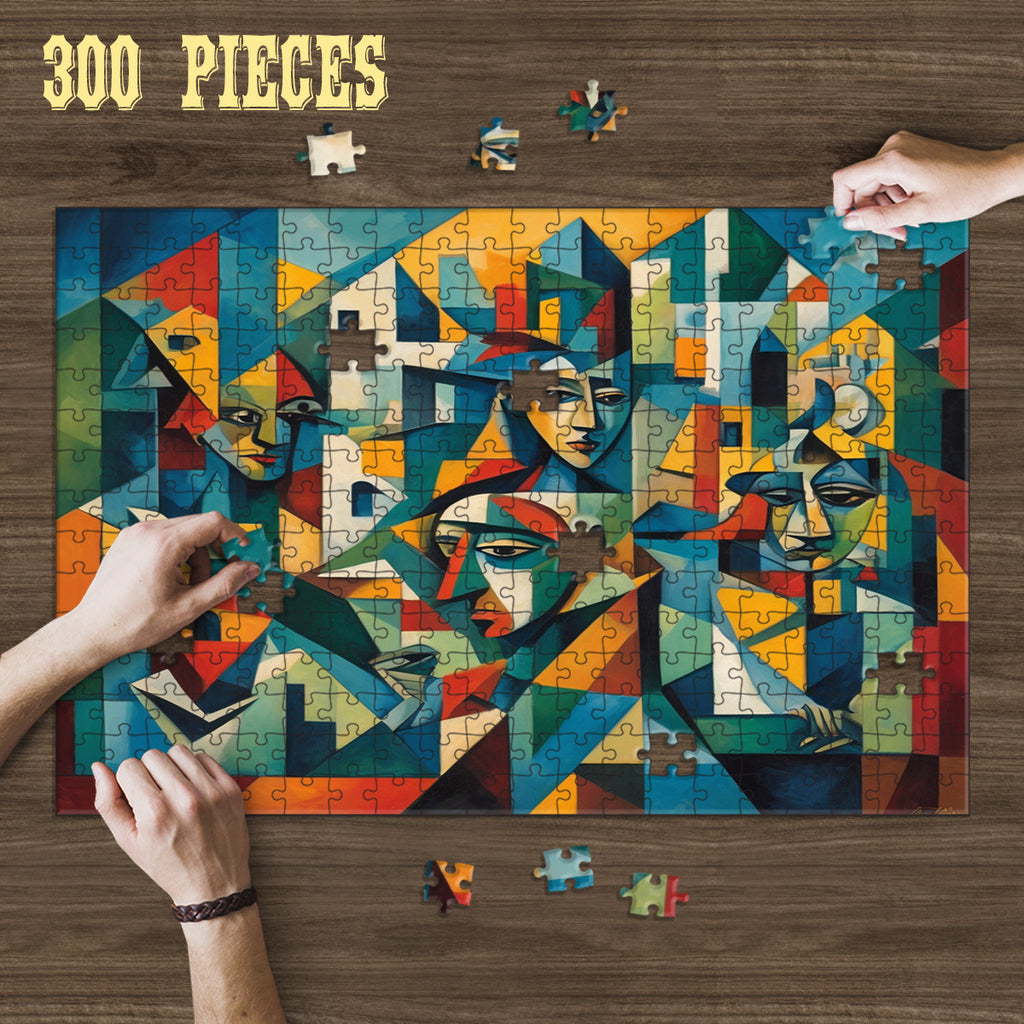 Hands assembling the 300-piece Abstract Portrait wooden jigsaw puzzle