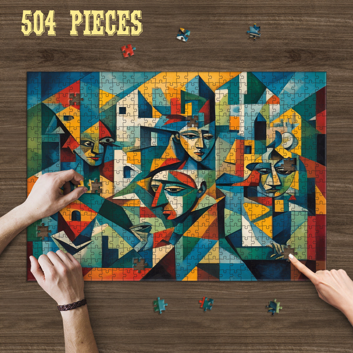 Hands assembling the 504-piece Abstract Portrait wooden jigsaw puzzle