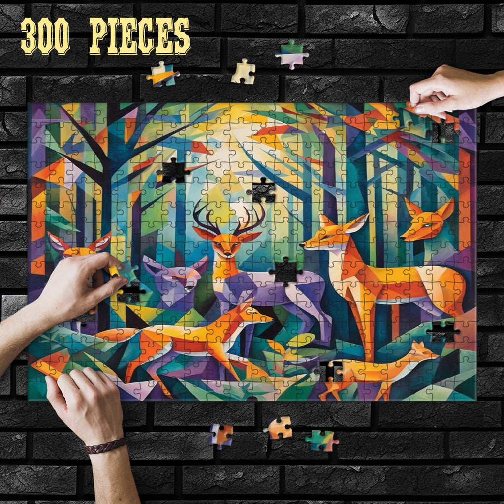 Hands assembling the 300-piece Cubist Forest Wildlife wooden jigsaw puzzle