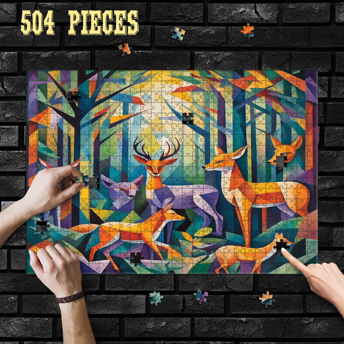 Hands assembling the 504-piece  Cubist Forest Wildlife wooden jigsaw puzzle
