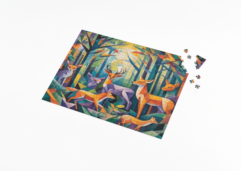 Cubist Forest Wildlife wooden jigsaw puzzle displayed in a lifestyle setting