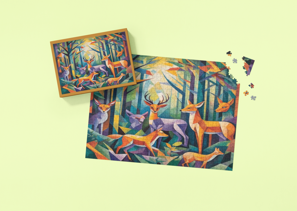 Cubist Forest Wildlife wooden jigsaw puzzle displayed in a lifestyle setting
