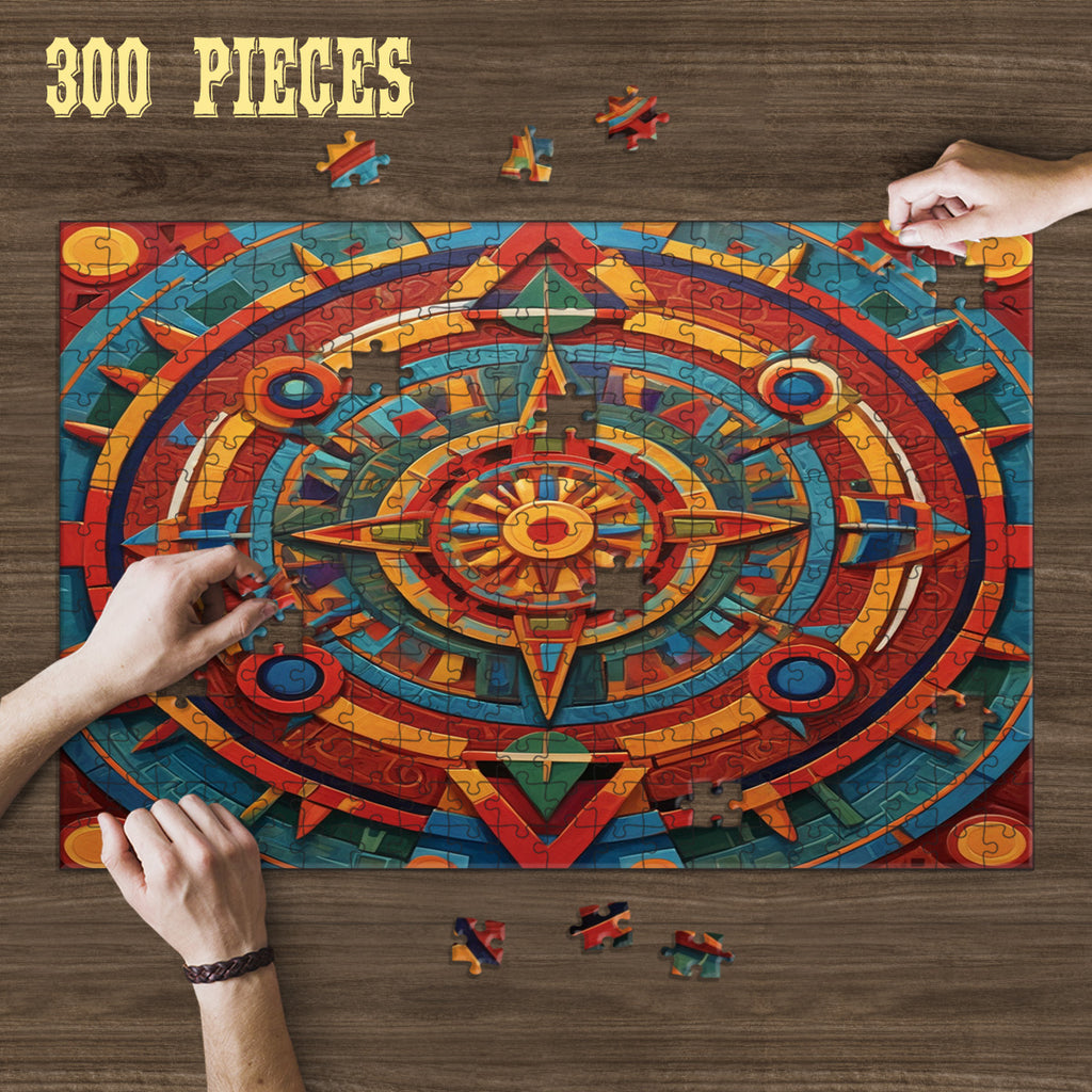 Hands assembling the 300-piece Abstract Geometric Pattern wooden jigsaw puzzle
