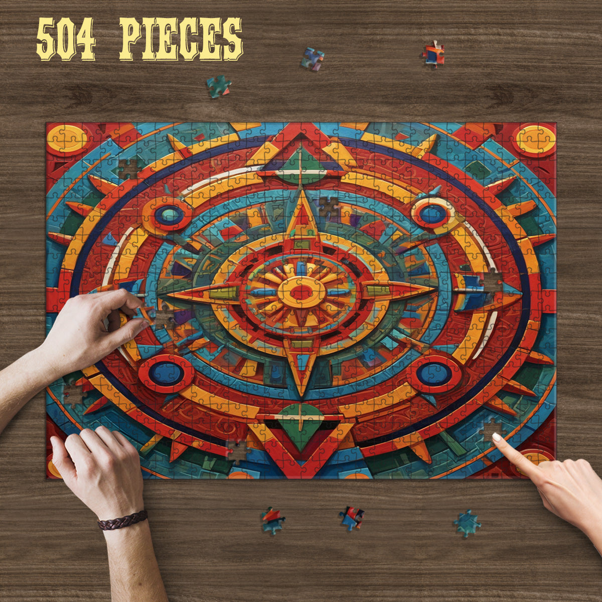 Hands assembling the 504-piece Abstract Geometric Pattern wooden jigsaw puzzle