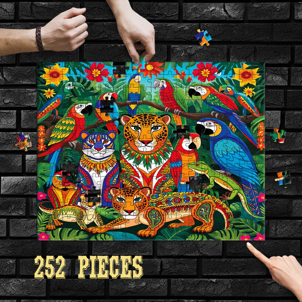 Hands assembling the 252-piece Hispanic Heritage Wildlife wooden jigsaw puzzle