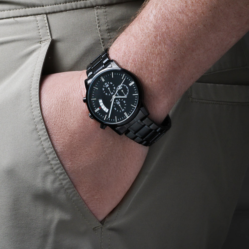Engraved Black Chronograph Watch - Personalized Gift for Grandpa | Durable, Stylish, and Functional - Unforgettable Childhood