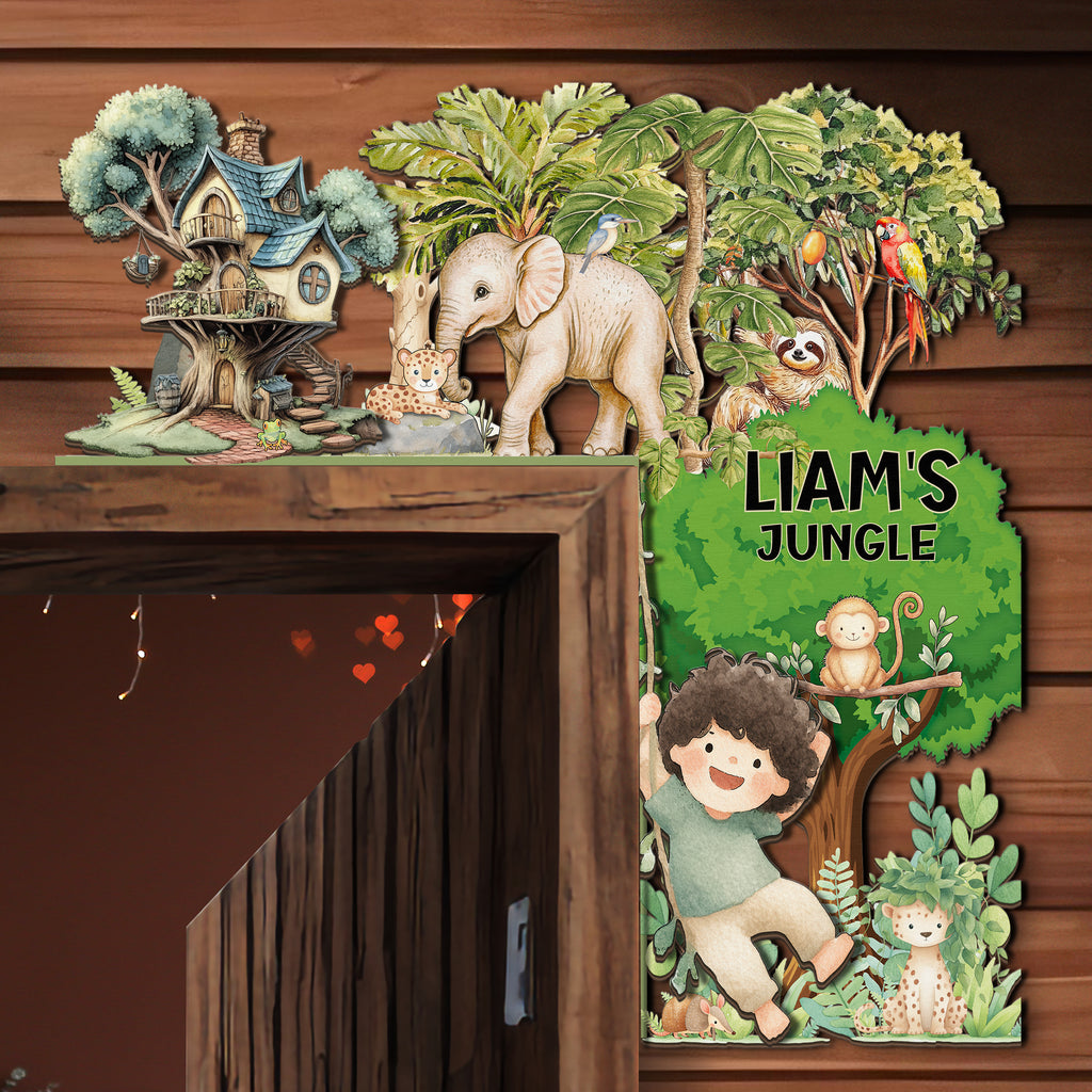 PERSONALIZED Wooden Door Corner | CUSTOM Door Topper Name Plate for KIDS | Single/Double Layer | 10” & 15” Sizes | Jungle Safari