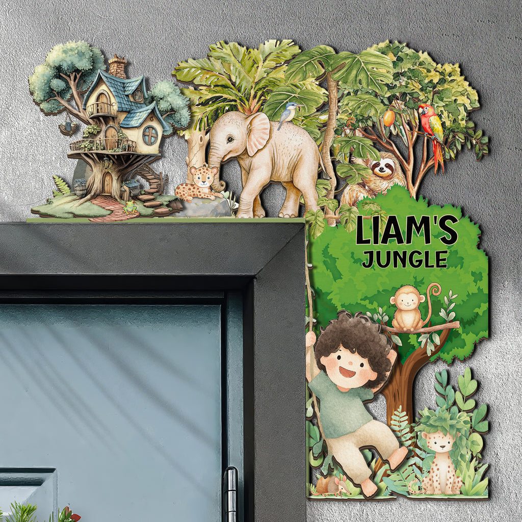 PERSONALIZED Wooden Door Corner | CUSTOM Door Topper Name Plate for KIDS | Single/Double Layer | 10” & 15” Sizes | Jungle Safari