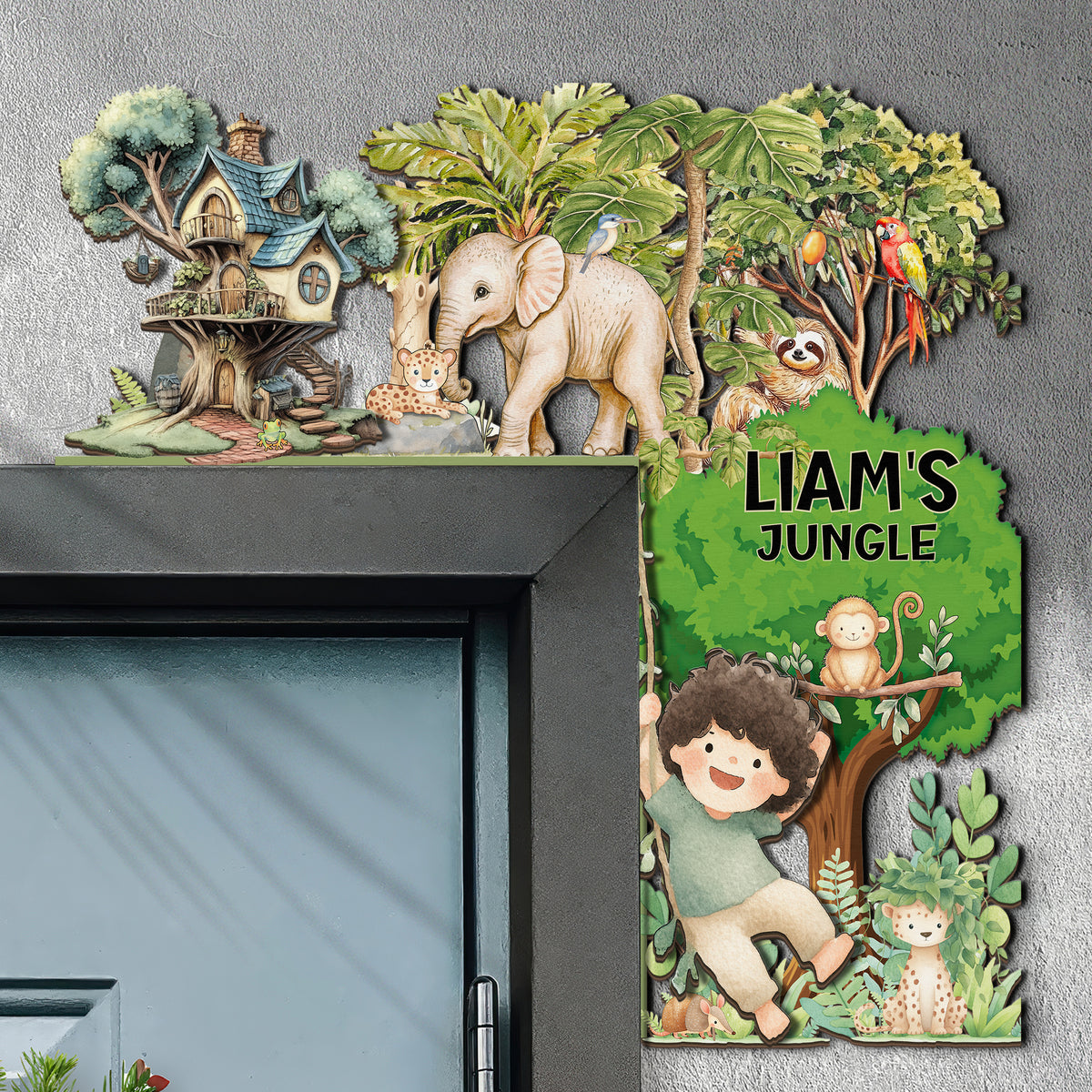 PERSONALIZED Wooden Door Corner | CUSTOM Door Topper Name Plate for KIDS | Single/Double Layer | 10” & 15” Sizes | Jungle Safari
