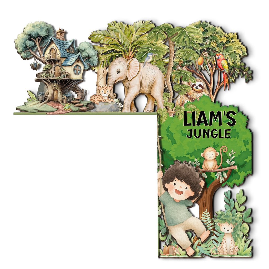 PERSONALIZED Wooden Door Corner | CUSTOM Door Topper Name Plate for KIDS | Single/Double Layer | 10” & 15” Sizes | Jungle Safari