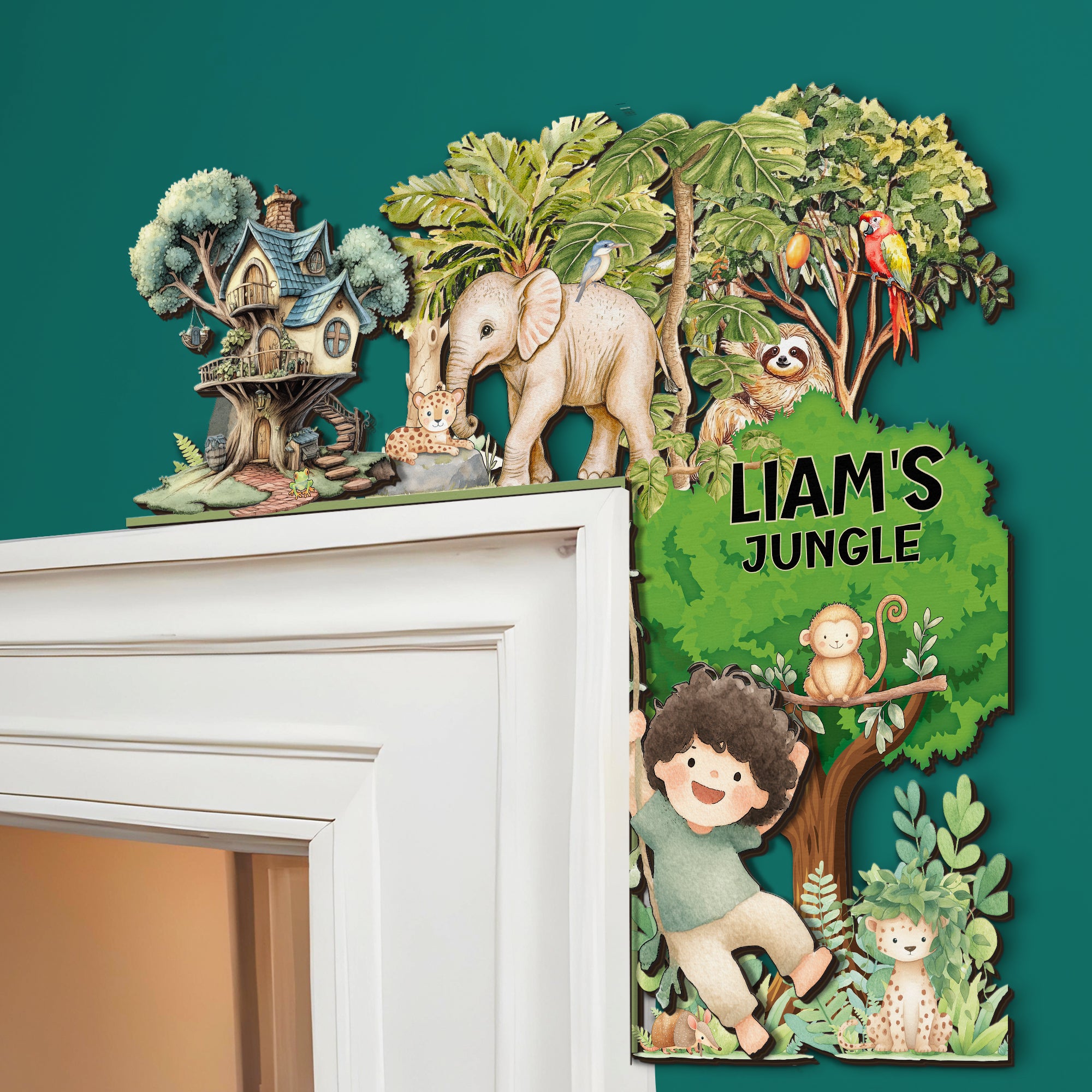 PERSONALIZED Wooden Door Corner | CUSTOM Door Topper Name Plate for KIDS | Single/Double Layer | 10” & 15” Sizes | Jungle Safari