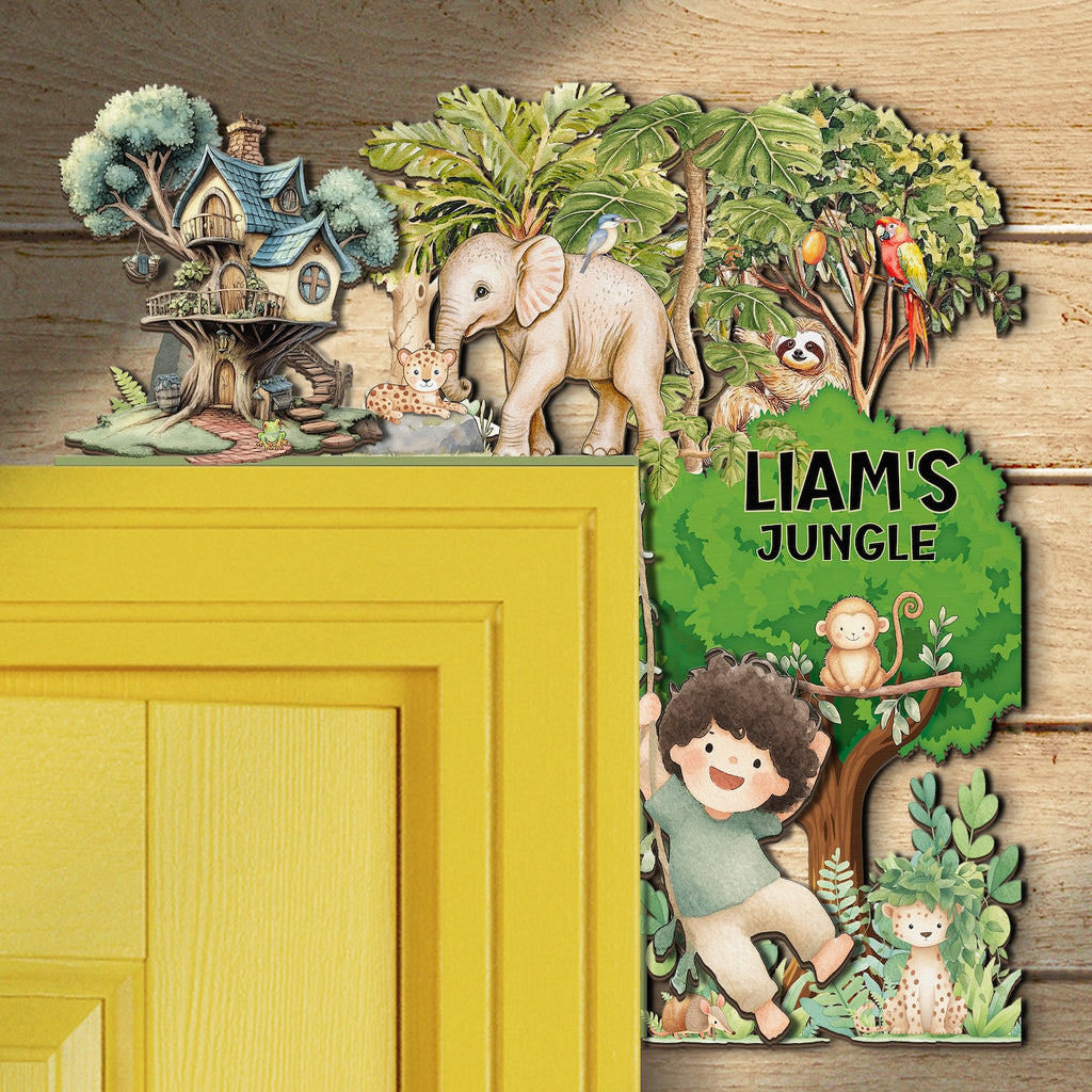 PERSONALIZED Wooden Door Corner | CUSTOM Door Topper Name Plate for KIDS | Single/Double Layer | 10” & 15” Sizes | Jungle Safari