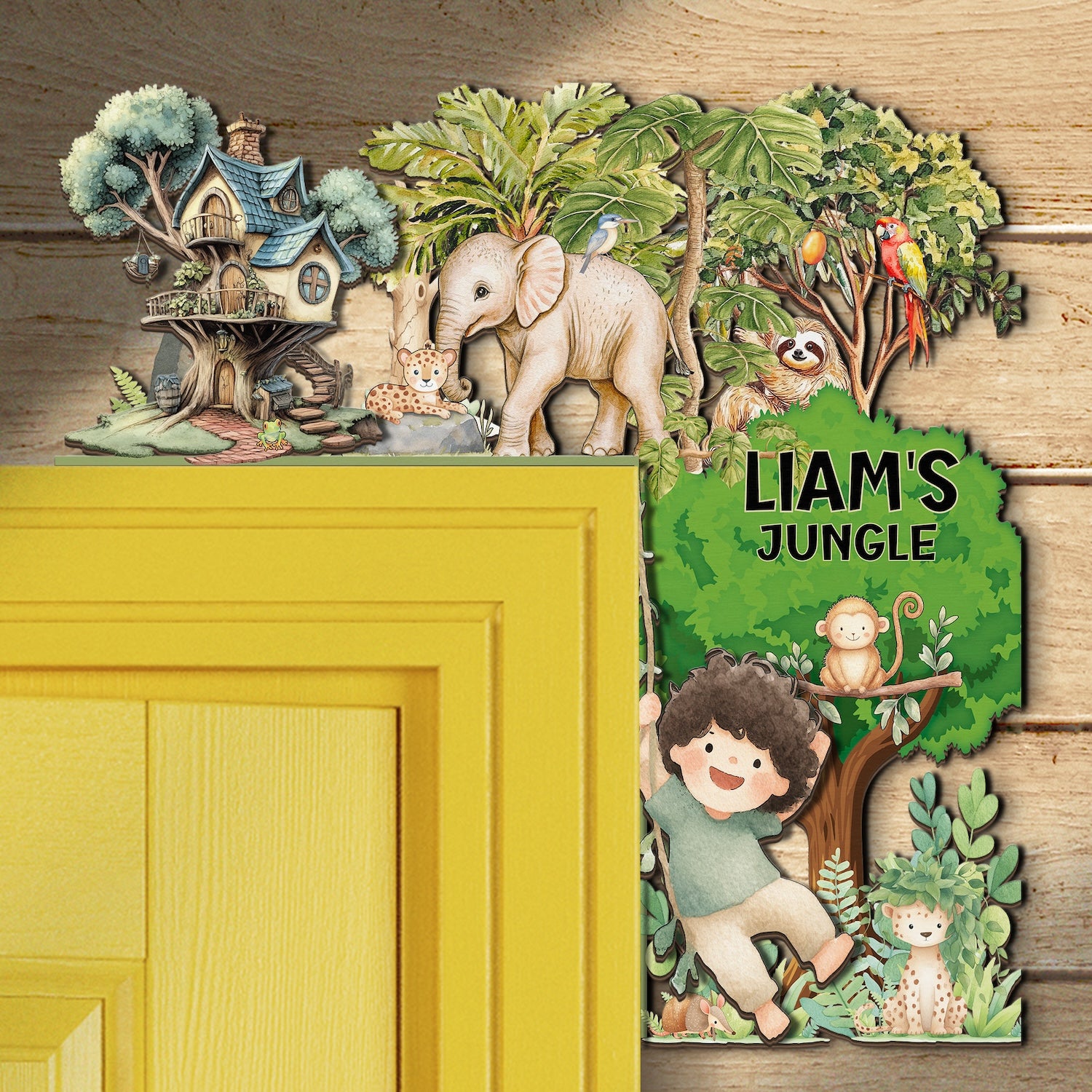 PERSONALIZED Wooden Door Corner | CUSTOM Door Topper Name Plate for KIDS | Single/Double Layer | 10” & 15” Sizes | Jungle Safari
