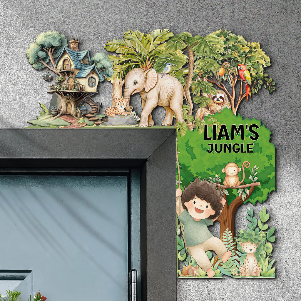 PERSONALIZED Wooden Door Corner | CUSTOM Door Topper Name Plate for KIDS | Single/Double Layer | 10” & 15” Sizes | Jungle Safari
