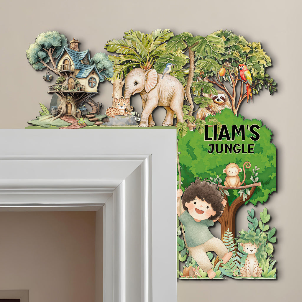 PERSONALIZED Wooden Door Corner | CUSTOM Door Topper Name Plate for KIDS | Single/Double Layer | 10” & 15” Sizes | Jungle Safari