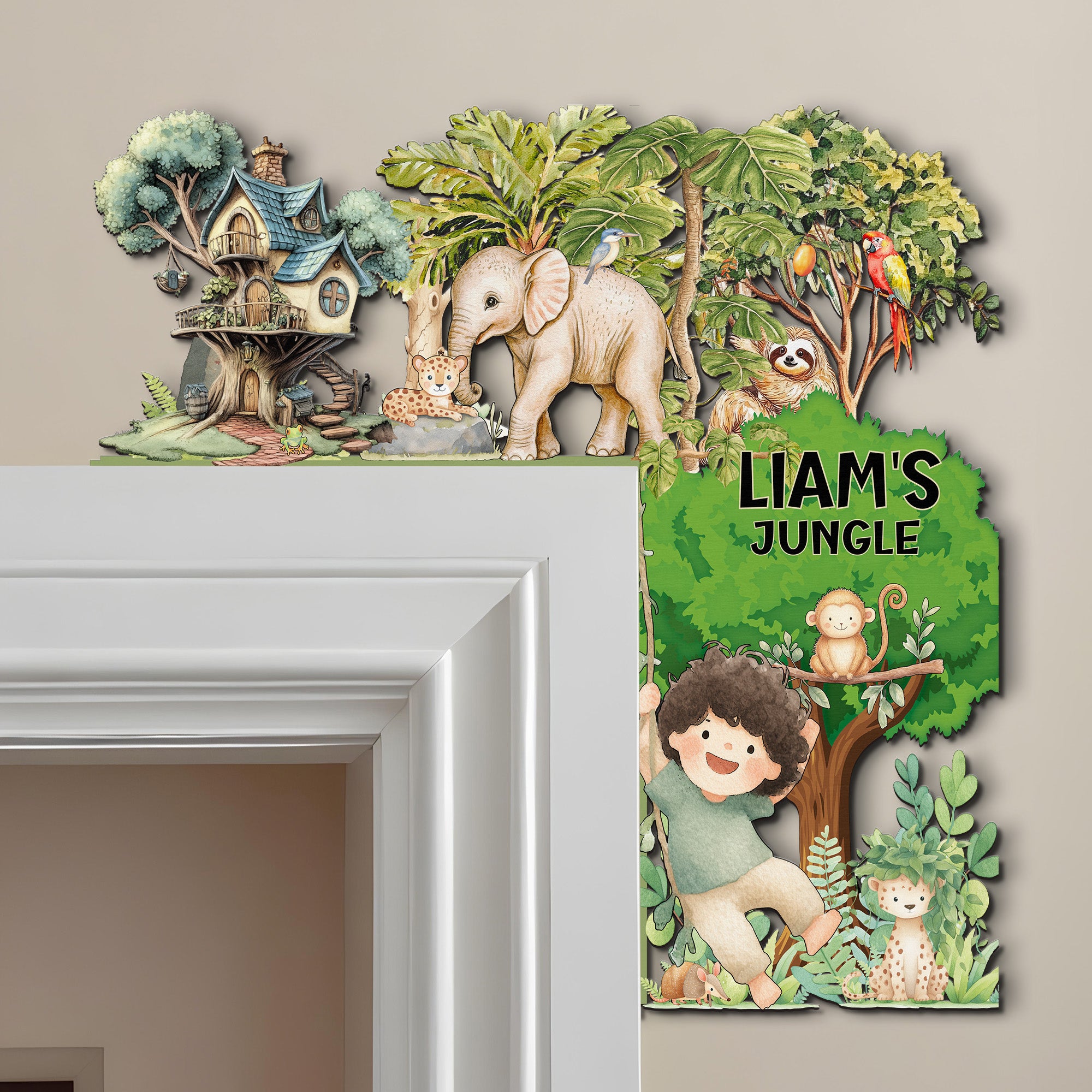 PERSONALIZED Wooden Door Corner | CUSTOM Door Topper Name Plate for KIDS | Single/Double Layer | 10” & 15” Sizes | Jungle Safari
