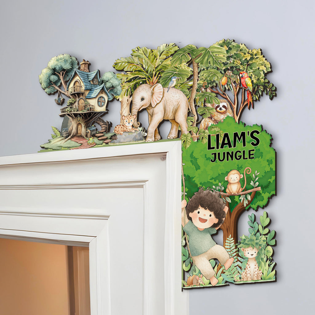 PERSONALIZED Wooden Door Corner | CUSTOM Door Topper Name Plate for KIDS | Single/Double Layer | 10” & 15” Sizes | Jungle Safari
