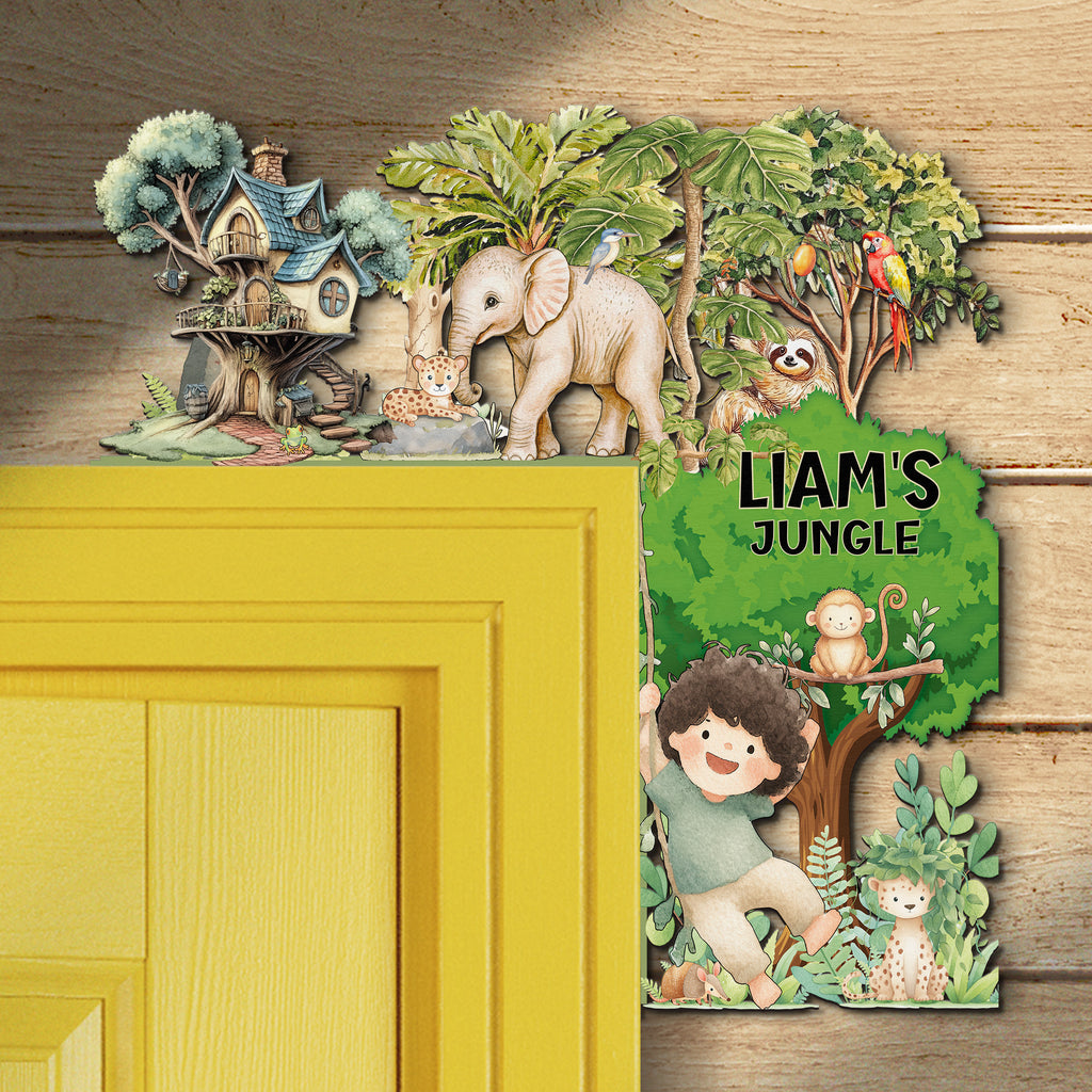 PERSONALIZED Wooden Door Corner | CUSTOM Door Topper Name Plate for KIDS | Single/Double Layer | 10” & 15” Sizes | Jungle Safari