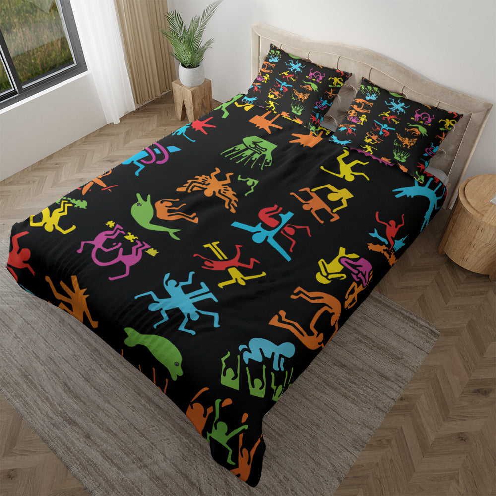 Psychedelic Dancing Figures bedding displayed at an angle on a bed