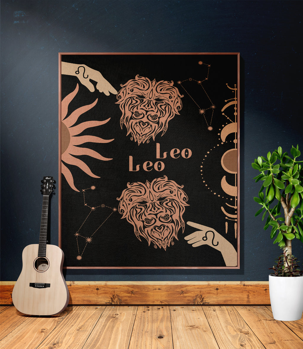 Leo and Leo Zodiac Compatibility Woven Throw Tapestry - Elevate home decor with this boho-inspired, celestial charm blanket. Perfect for astrology enthusiasts, featuring Leo and Leo sun signs, adding unique, artistic flair to your living space. Premium cotton, cozy, and decorative.