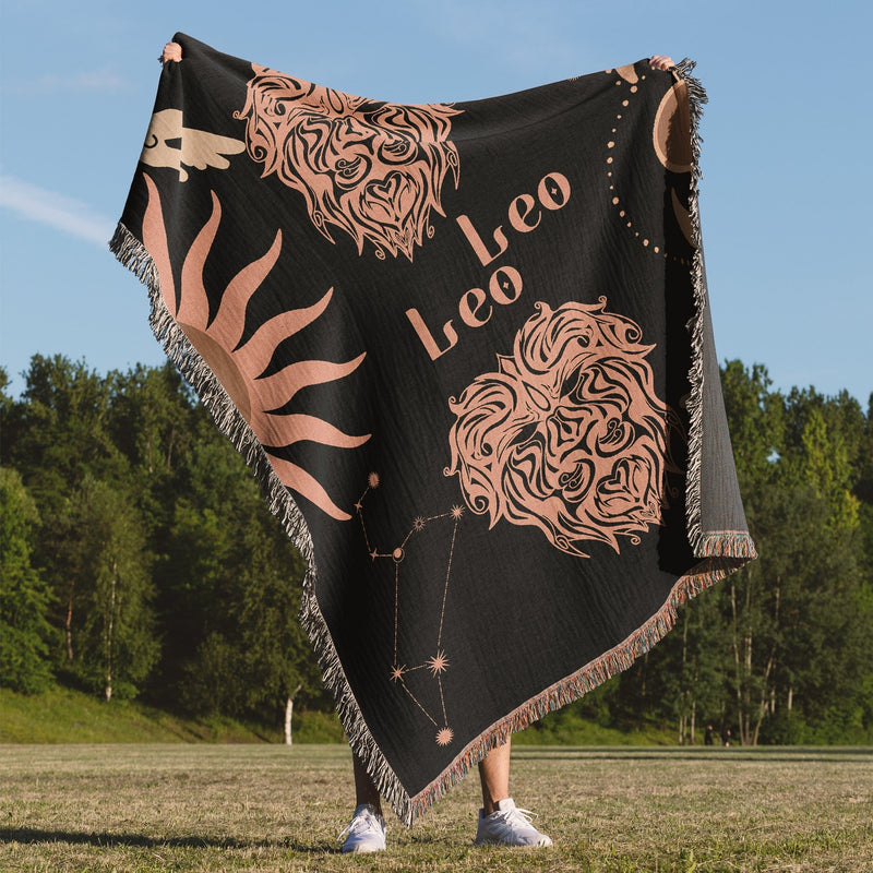 Leo and Leo Zodiac Compatibility Woven Throw Tapestry - Elevate home decor with this boho-inspired, celestial charm blanket. Perfect for astrology enthusiasts, featuring Leo and Leo sun signs, adding unique, artistic flair to your living space. Premium cotton, cozy, and decorative.