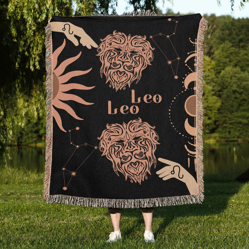 Leo and Leo Zodiac Compatibility Woven Throw Tapestry - Elevate home decor with this boho-inspired, celestial charm blanket. Perfect for astrology enthusiasts, featuring Leo and Leo sun signs, adding unique, artistic flair to your living space. Premium cotton, cozy, and decorative.