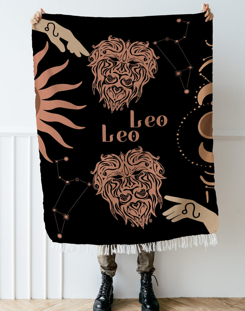 Leo and Leo Zodiac Compatibility Woven Throw Tapestry - Elevate home decor with this boho-inspired, celestial charm blanket. Perfect for astrology enthusiasts, featuring Leo and Leo sun signs, adding unique, artistic flair to your living space. Premium cotton, cozy, and decorative.