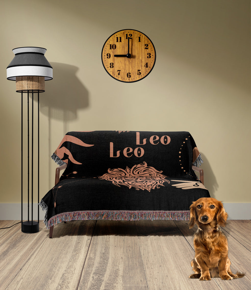 Leo and Leo Zodiac Compatibility Woven Throw Tapestry - Elevate home decor with this boho-inspired, celestial charm blanket. Perfect for astrology enthusiasts, featuring Leo and Leo sun signs, adding unique, artistic flair to your living space. Premium cotton, cozy, and decorative.