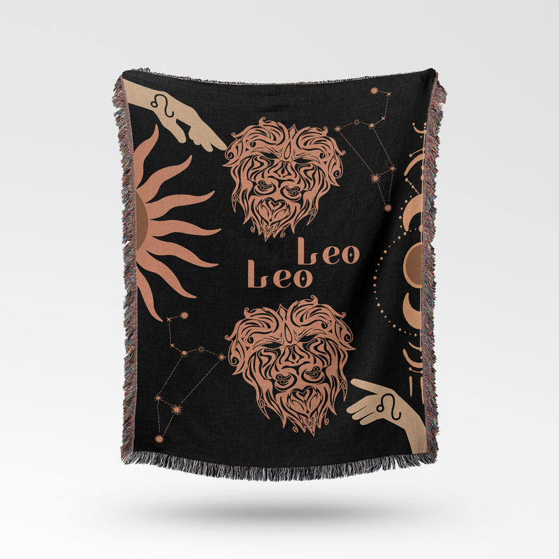 Leo and Leo Zodiac Compatibility Woven Throw Tapestry - Elevate home decor with this boho-inspired, celestial charm blanket. Perfect for astrology enthusiasts, featuring Leo and Leo sun signs, adding unique, artistic flair to your living space. Premium cotton, cozy, and decorative.