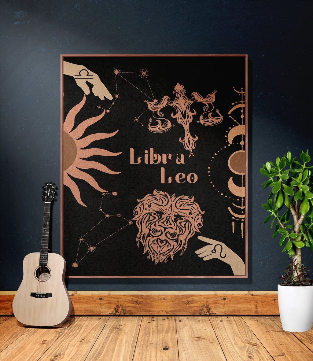 Leo and Libra Zodiac Compatibility Woven Throw Tapestry - Elevate home decor with this boho-inspired, celestial charm blanket. Perfect for astrology enthusiasts, featuring Leo and Libra sun signs, adding unique, artistic flair to your living space. Premium cotton, cozy, and decorative.