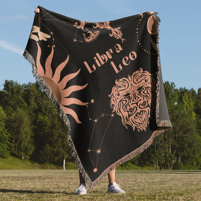 Leo and Libra Zodiac Compatibility Woven Throw Tapestry - Elevate home decor with this boho-inspired, celestial charm blanket. Perfect for astrology enthusiasts, featuring Leo and Libra sun signs, adding unique, artistic flair to your living space. Premium cotton, cozy, and decorative.