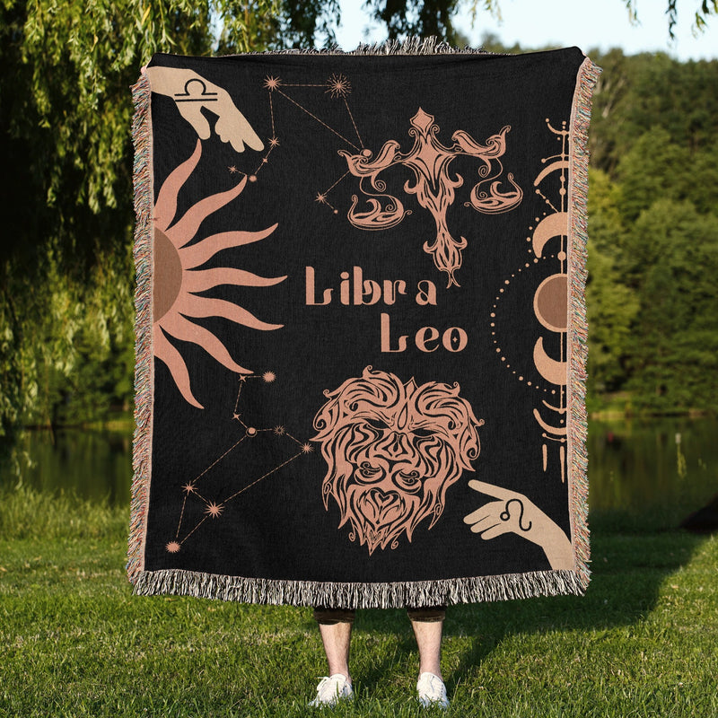 Leo and Libra Zodiac Compatibility Woven Throw Tapestry - Elevate home decor with this boho-inspired, celestial charm blanket. Perfect for astrology enthusiasts, featuring Leo and Libra sun signs, adding unique, artistic flair to your living space. Premium cotton, cozy, and decorative.