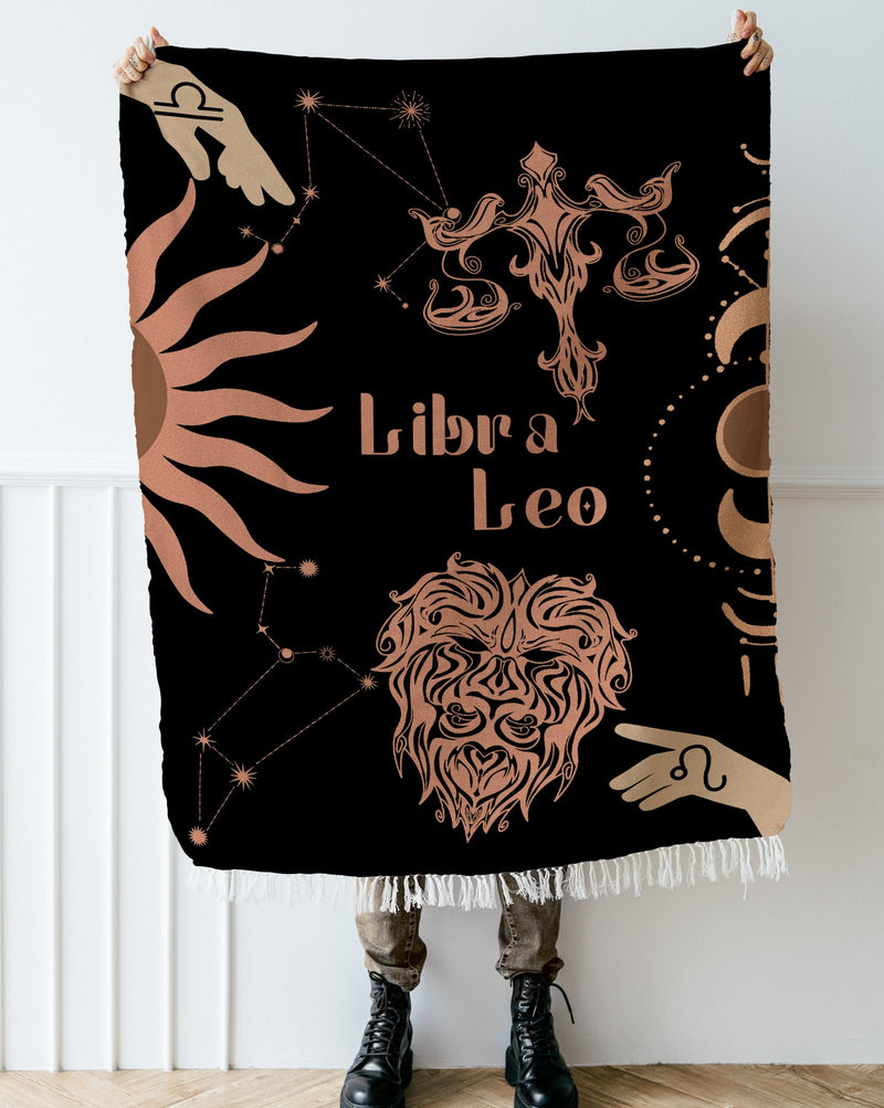 Leo and Libra Zodiac Compatibility Woven Throw Tapestry - Elevate home decor with this boho-inspired, celestial charm blanket. Perfect for astrology enthusiasts, featuring Leo and Libra sun signs, adding unique, artistic flair to your living space. Premium cotton, cozy, and decorative.