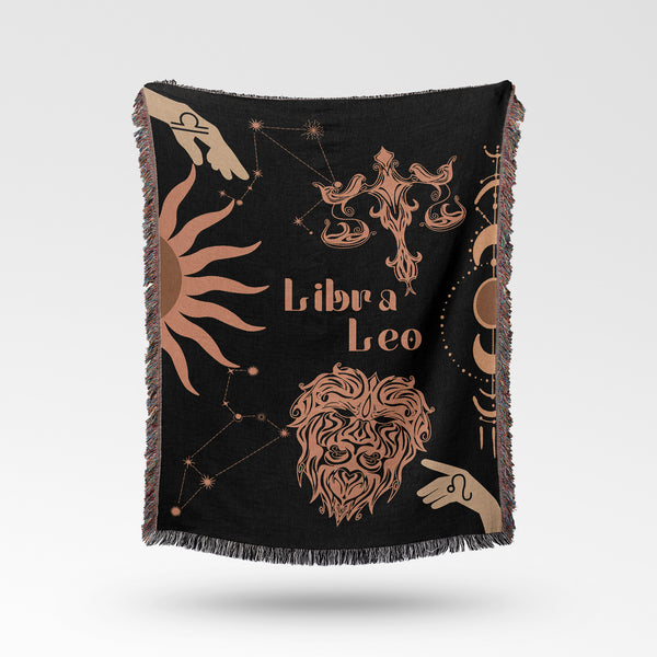 Leo and Libra Zodiac Compatibility Woven Throw Tapestry - Elevate home decor with this boho-inspired, celestial charm blanket. Perfect for astrology enthusiasts, featuring Leo and Libra sun signs, adding unique, artistic flair to your living space. Premium cotton, cozy, and decorative.