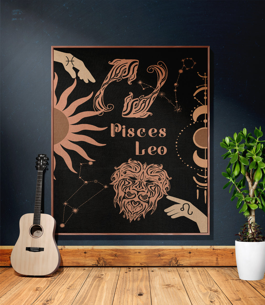 Leo and Pisces Zodiac Compatibility Woven Throw Tapestry - Elevate home decor with this boho-inspired, celestial charm blanket. Perfect for astrology enthusiasts, featuring Leo and Pisces sun signs, adding unique, artistic flair to your living space. Premium cotton, cozy, and decorative.