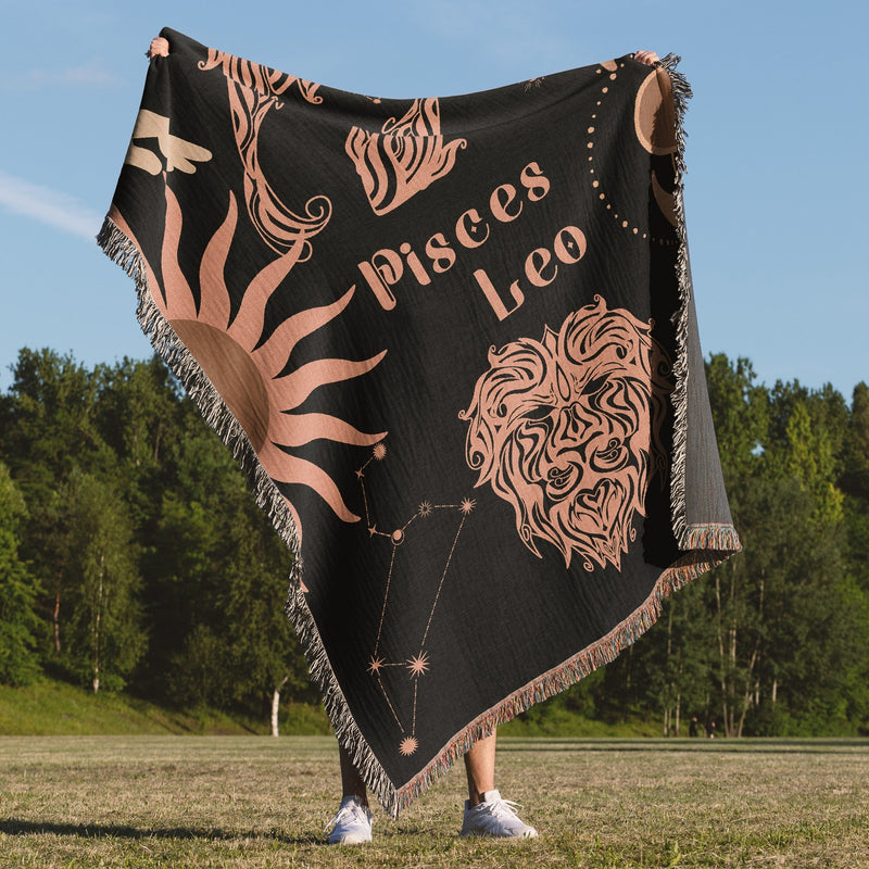 Leo and Pisces Zodiac Compatibility Woven Throw Tapestry - Elevate home decor with this boho-inspired, celestial charm blanket. Perfect for astrology enthusiasts, featuring Leo and Pisces sun signs, adding unique, artistic flair to your living space. Premium cotton, cozy, and decorative.